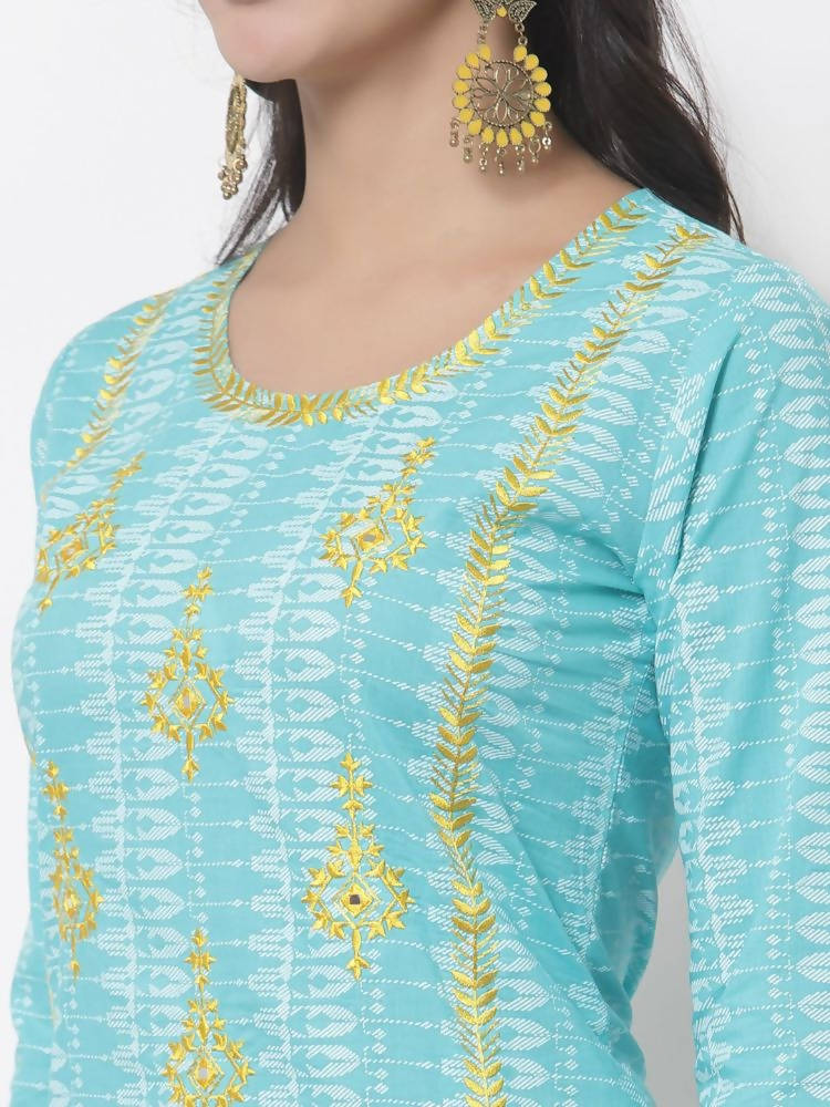 Myshka Women's Cotton Printed 3/4 Sleeve Round Neck Casual Kurta Pant Dupatta Set