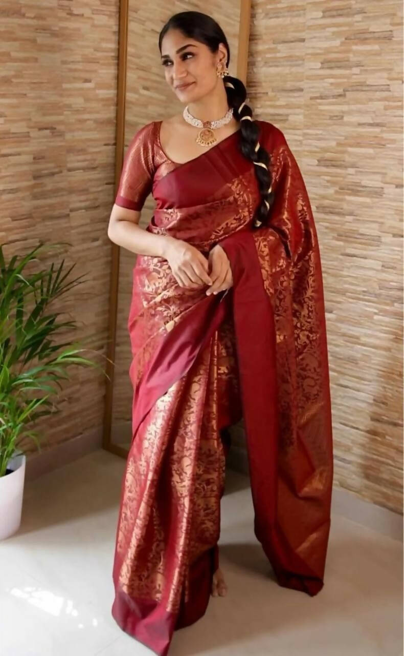 DEIANA'S Beautiful Golden Jari with New Design Soft Lichi Silk Saree - Brown - Distacart