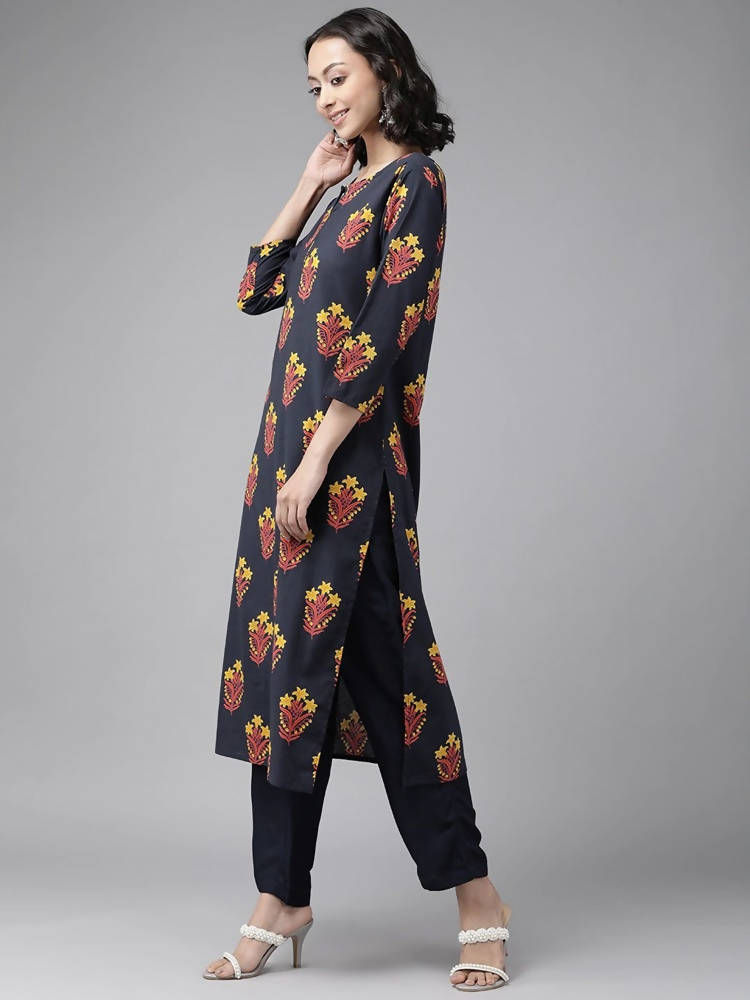 Yufta Navy Blue And Black Kurta And Palazzo Set