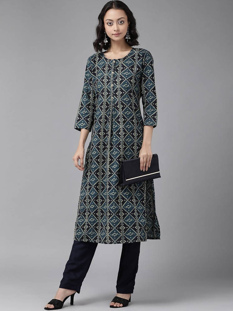Yufta Teal Blue & Black Printed Pure Cotton Kurta with Palazzo