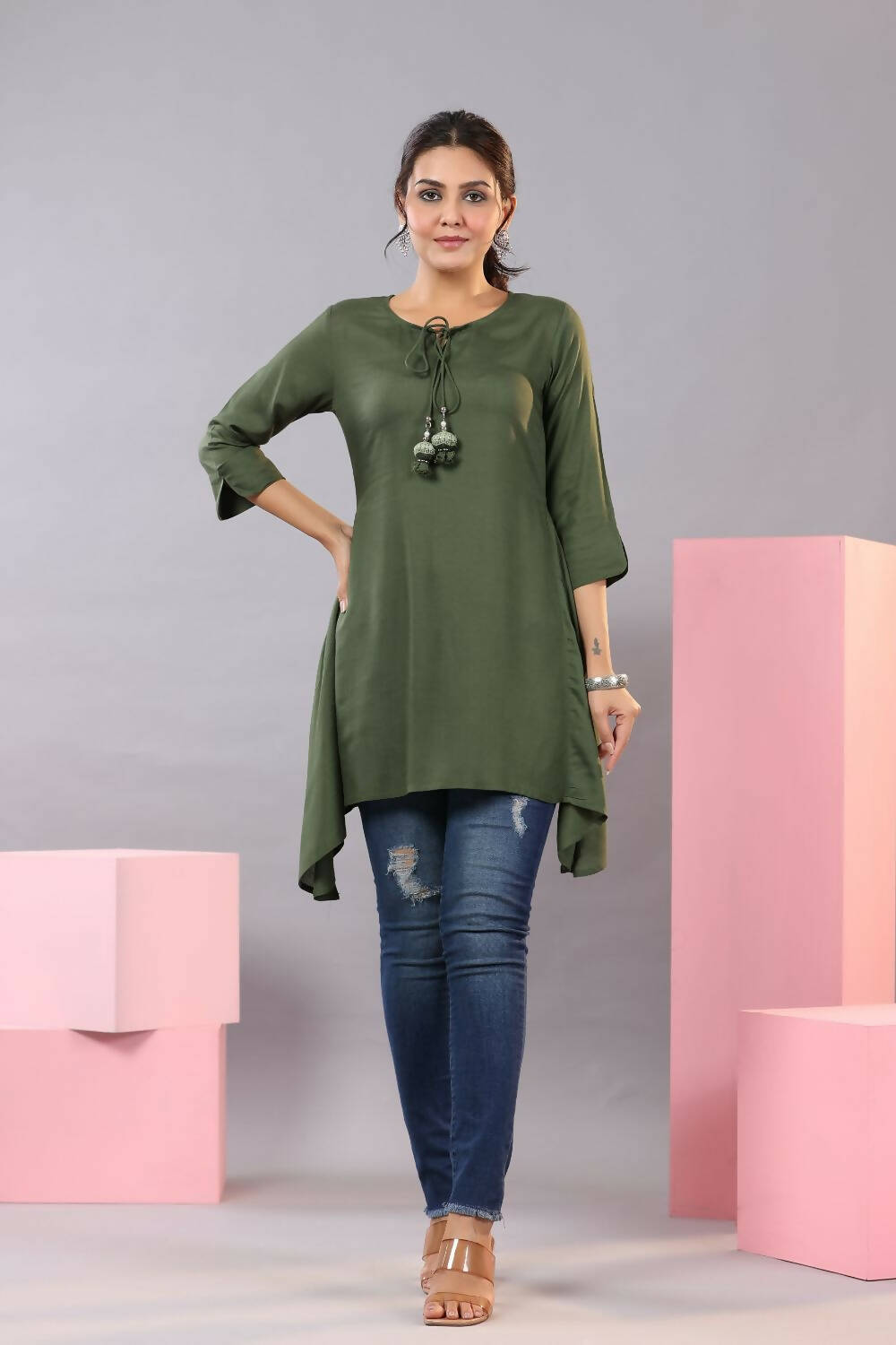 Juniper Women Olive Rayon Solid Asymmetric Kurta - Distacart
