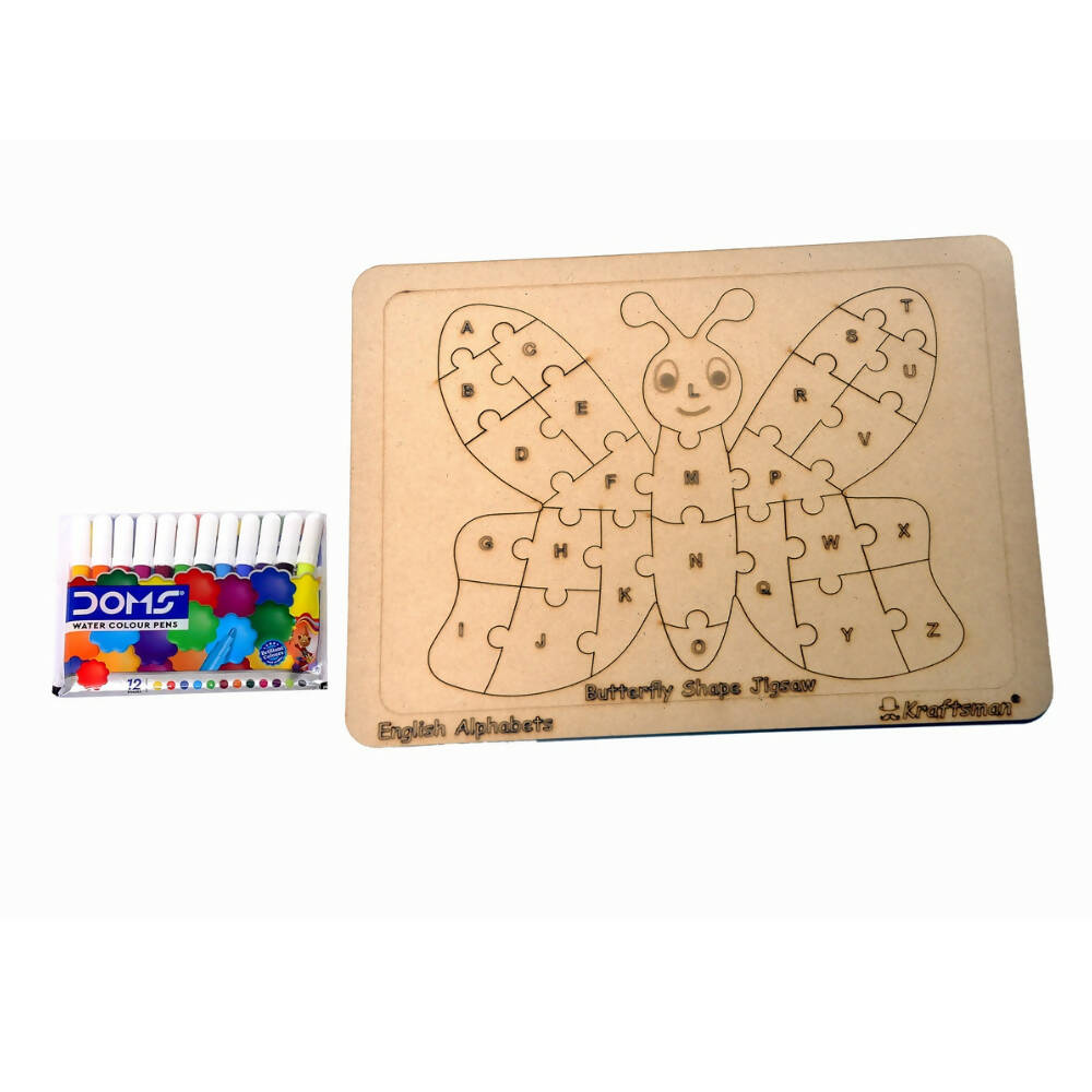 Kraftsman English Alphabets Wooden Jigsaw Puzzles Butterfly Shape Puzzle | Color Kit Included - Distacart