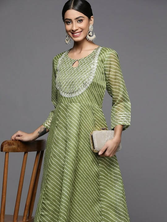 Varanga Women Green & White Leheriya Embroidered Indie Prints Anarkali Kurta - Distacart