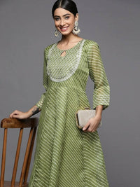Thumbnail for Varanga Women Green & White Leheriya Embroidered Indie Prints Anarkali Kurta - Distacart
