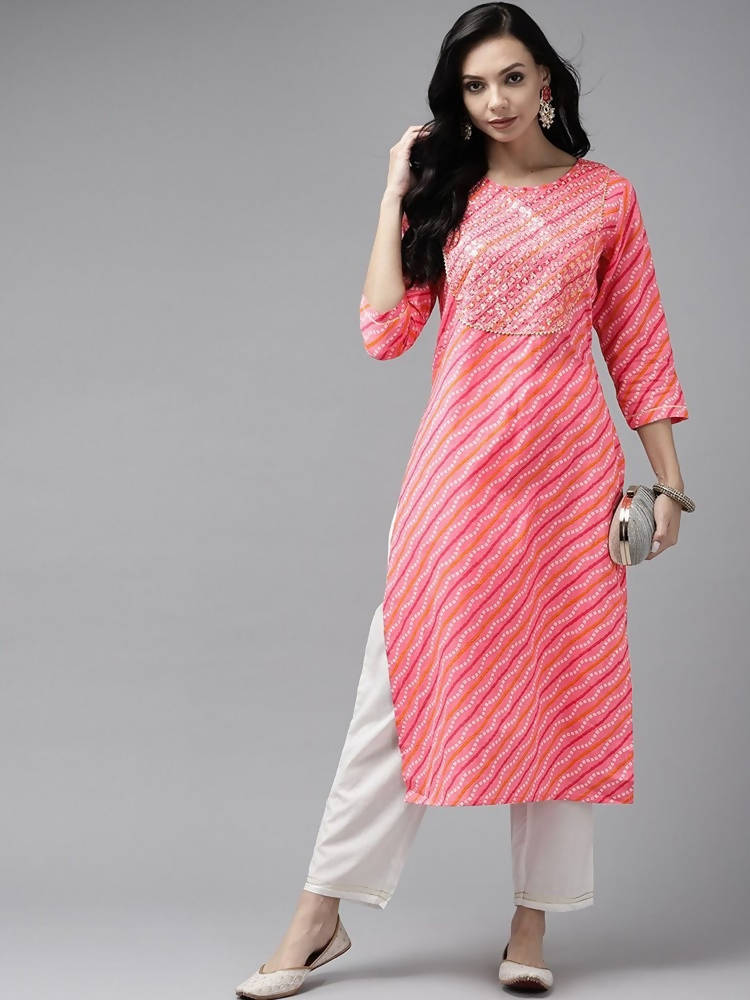 Yufta Women Pink Bandhani Yoke Design Regular Sequined Pure Cotton Kurta with Palazzo