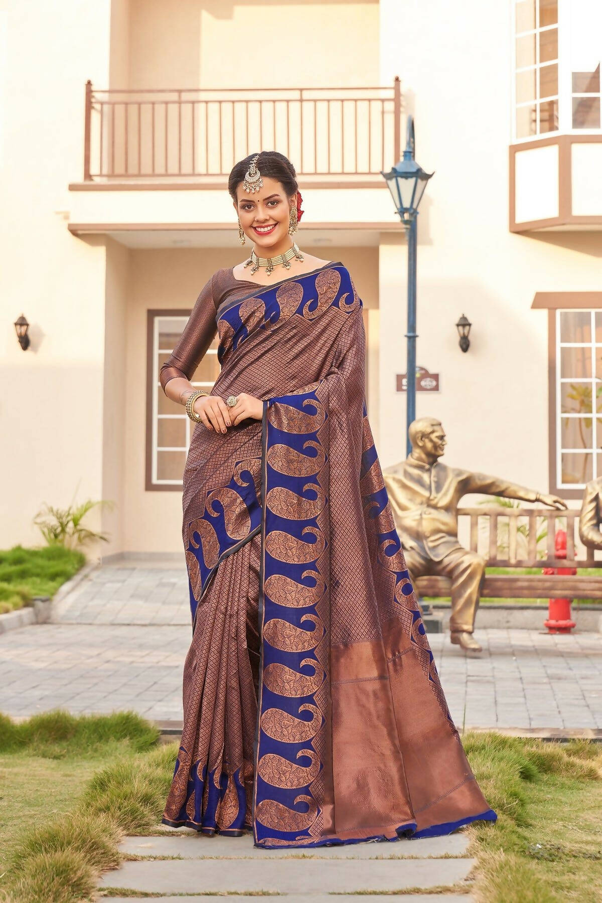 DEIANA'S Beautiful Golden Jari with New Design Soft Lichi Silk Saree - Blue - Distacart
