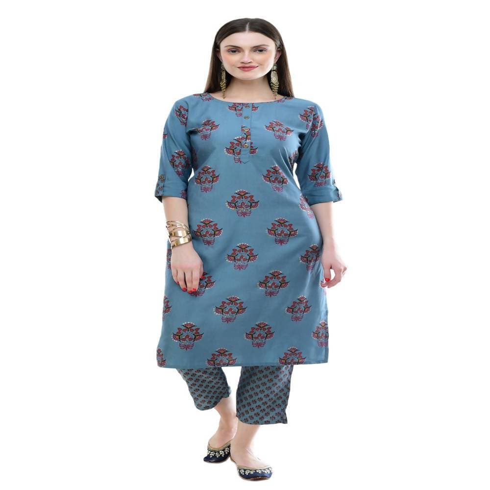 Lagi Women's Turquoise Blue Printed Straight Kurta & Pant (MC39A)