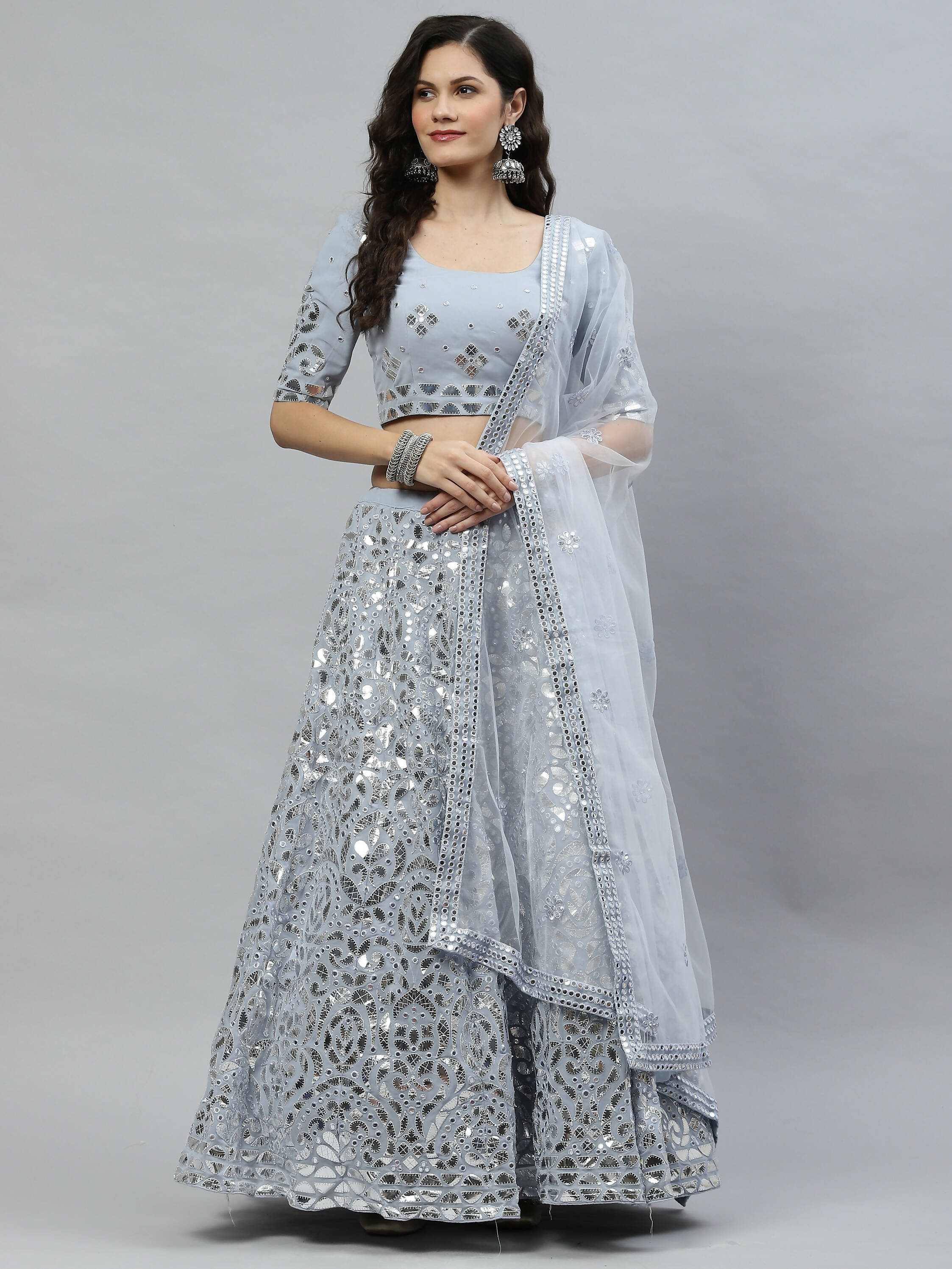 Sky Blue Georgette Paper Mirror Embroidery Work Lehenga Choli with Dupatta - Jivika - Distacart
