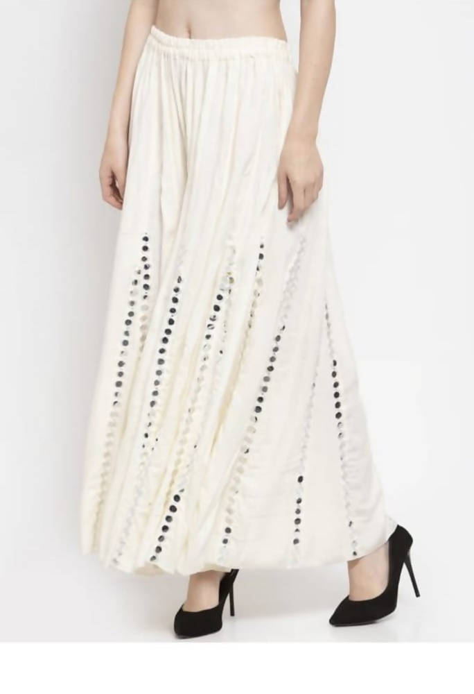 Mominos Fashion Moeza Reyon Cotton White Color Mirror Work Palazzo