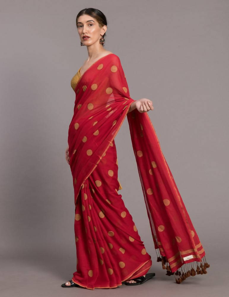 Suta Red Beige Polka Printed Pure Cotton Saree - Distacart