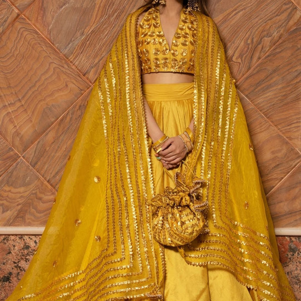 Pomcha Jaipur Rabia Yellow Cotton Silk Lehenga Set - Distacart