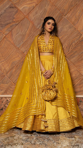 Pomcha Jaipur Rabia Yellow Cotton Silk Lehenga Set - Distacart