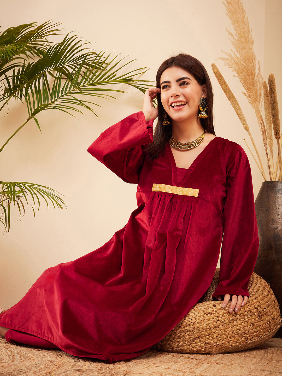 Buy InWeave Women's Barn Red V Neck Asymmetrical Pleated Velvet