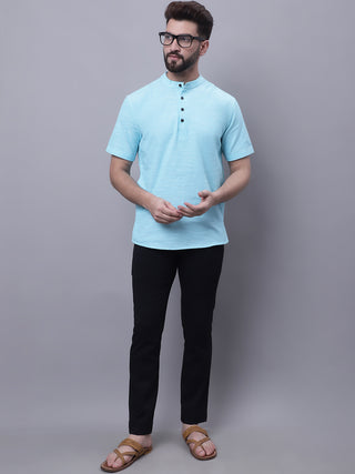 Even Apparels Blue Pure Cotton Short Kurta With Band Collar - Distacart