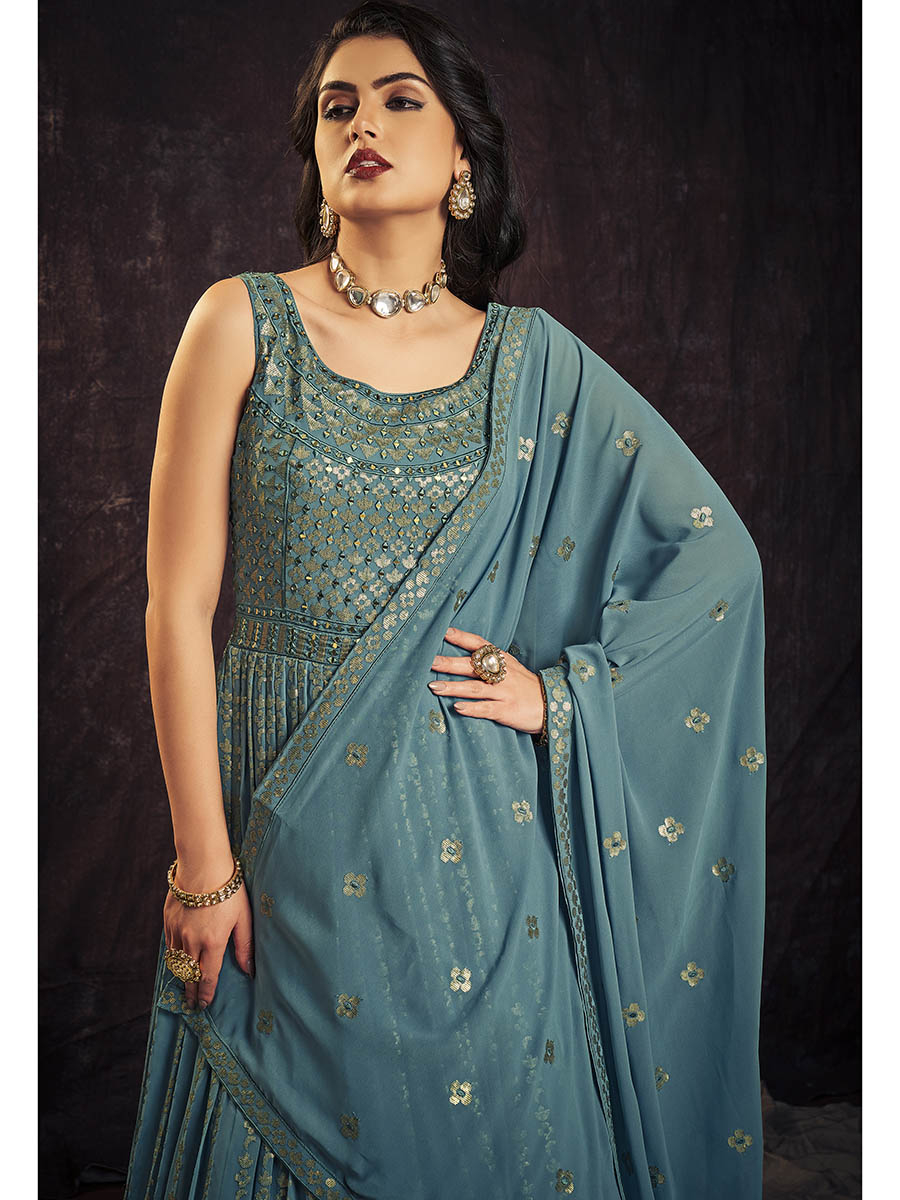 Myra Blue Real Georgette Designer Gown Style Suit - Distacart