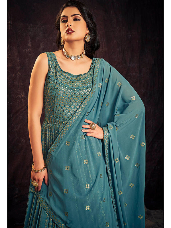 Myra Blue Real Georgette Designer Gown Style Suit - Distacart