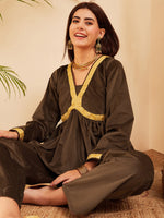 Thumbnail for InWeave Women's Brown Mughal Shaan Style Velvet Short Kurta Set - Distacart