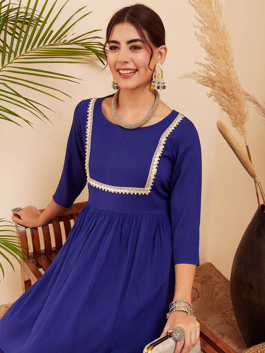 InWeave Women's Blue Round Neck Square Gota Work Kurta Pant Set - Distacart
