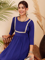 Thumbnail for InWeave Women's Blue Round Neck Square Gota Work Kurta Pant Set - Distacart