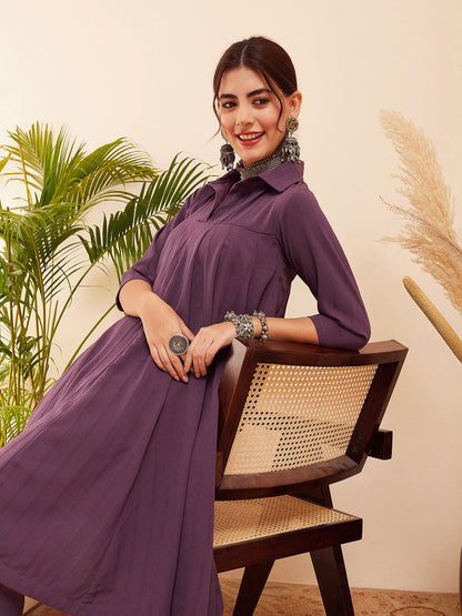 InWeave Women's Graphite Grey Collared Neck Flared Kurta Pant Set - Distacart