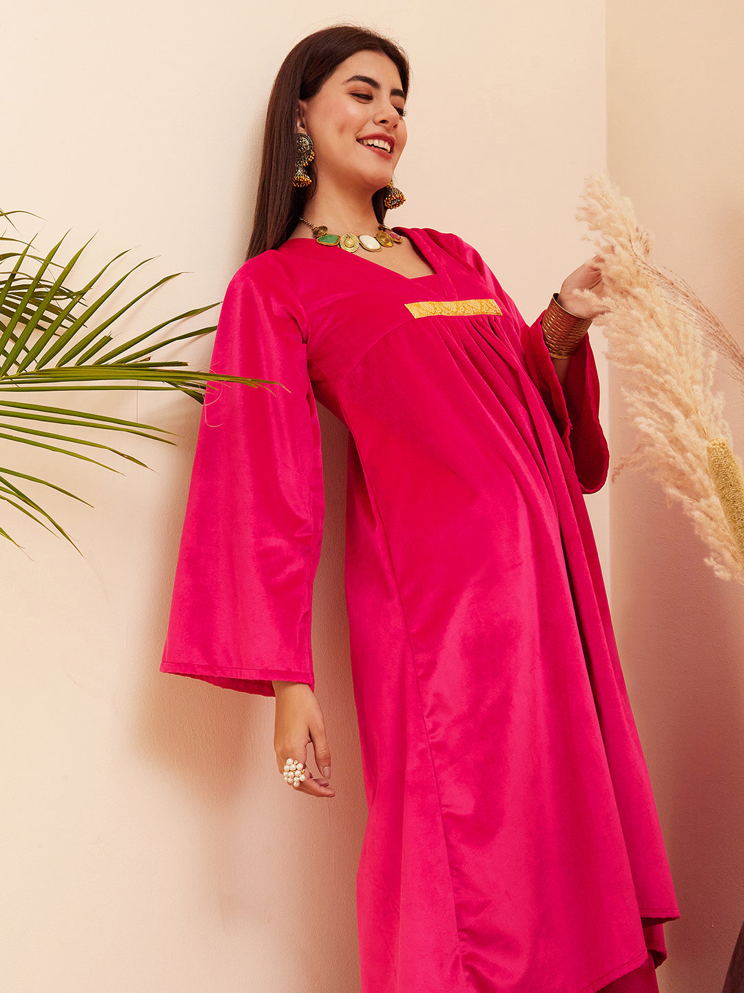 InWeave Women's Magenta V Neck Asymmetrical Pleated Velvet Kurta Set - Distacart