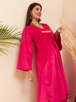 Thumbnail for InWeave Women's Magenta V Neck Asymmetrical Pleated Velvet Kurta Set - Distacart