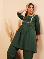 Thumbnail for InWeave Women's Forest Green Round Neck Square Gota Work Kurta Pant Set - Distacart