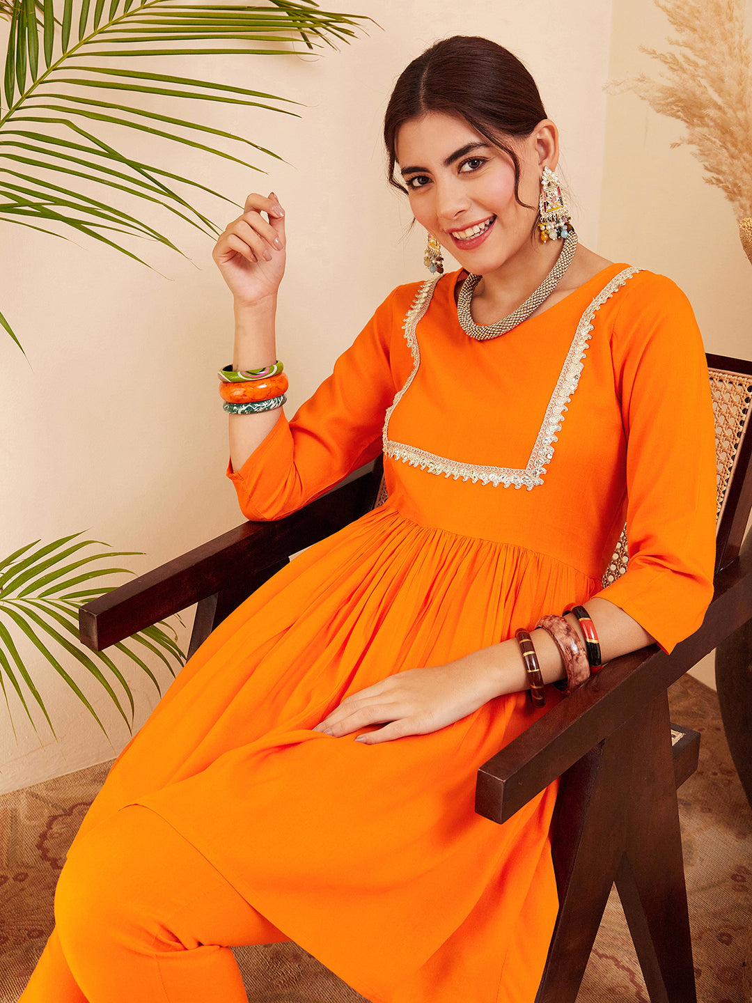 InWeave Women's Orange Round Neck Square Gota Work Kurta Pant Set - Distacart