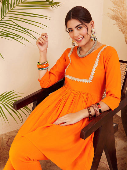 InWeave Women's Orange Round Neck Square Gota Work Kurta Pant Set - Distacart