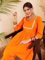 Thumbnail for InWeave Women's Orange Round Neck Square Gota Work Kurta Pant Set - Distacart