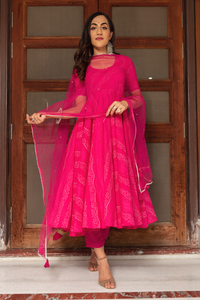 Thumbnail for Pomcha Jaipur Bhandhej Pink Cotton Anarkali Set - Distacart