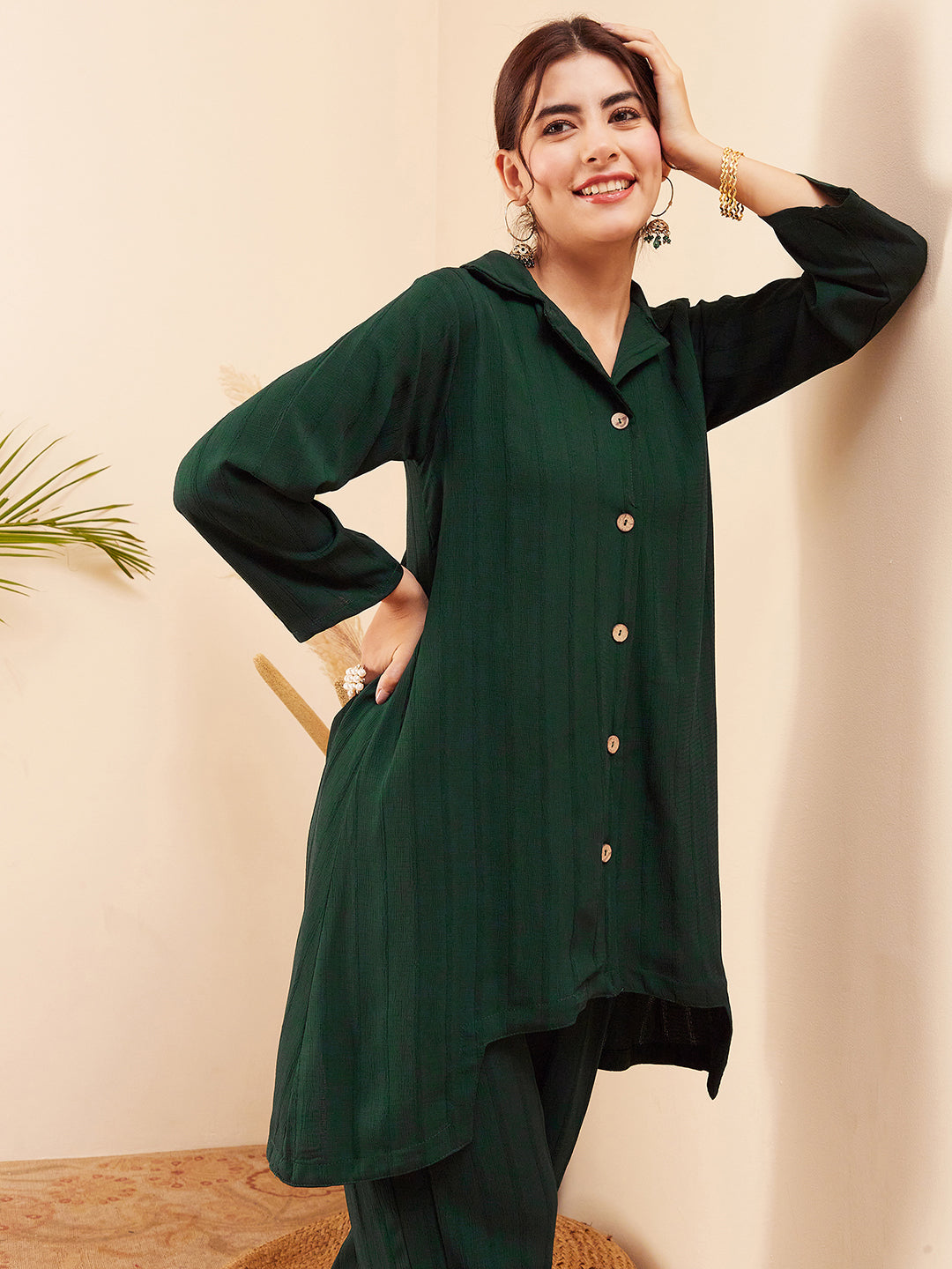 InWeave Women's Forest Green Collared Front Button Blazer Kurta Pant Set - Distacart