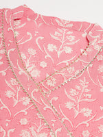 Thumbnail for InWeave Women's Light Pink Floral Print Straight Angrakha Gota Kurta - Distacart