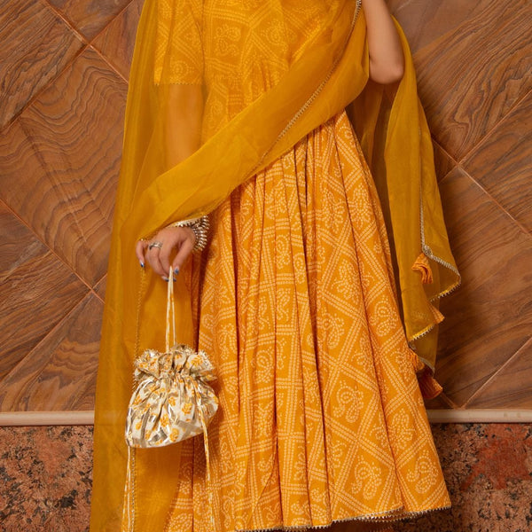 Pomcha Jaipur Bandhej Yellow Cotton Anarkali Set - Distacart