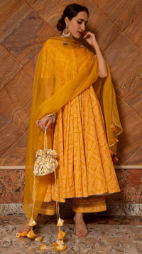 Thumbnail for Pomcha Jaipur Bandhej Yellow Cotton Anarkali Set - Distacart