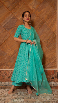Thumbnail for Pomcha Jaipur Bandhej Tiffany Blue Cotton Anarkali Set - Distacart