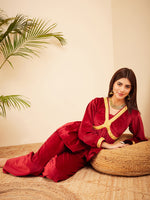 Thumbnail for InWeave Women's Barn Red Mughal Shaan Style Velvet Short Kurta Set - Distacart