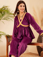 Thumbnail for InWeave Women's Wine Mughal Shaan Style Velvet Short Kurta Set - Distacart