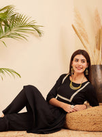 Thumbnail for InWeave Women's Black Round Neck Square Gota Work Kurta Pant Set - Distacart