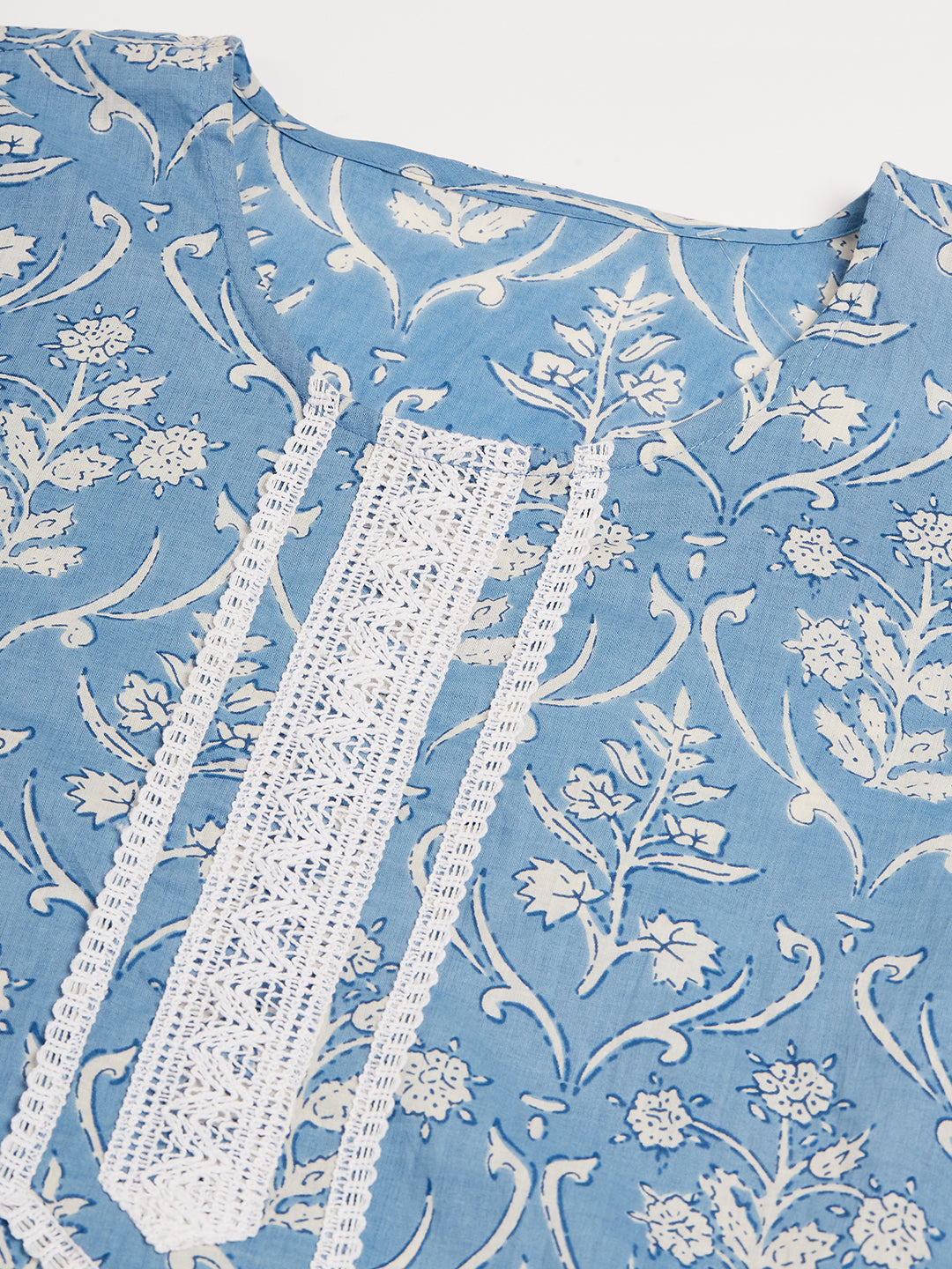 InWeave Women's Powder Blue White Print Lace Straight Kurta - Distacart