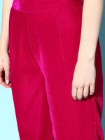 Thumbnail for InWeave Women's Fuschia Velvet Kurta Set With Grey Gold Georgette Dupatta - Distacart