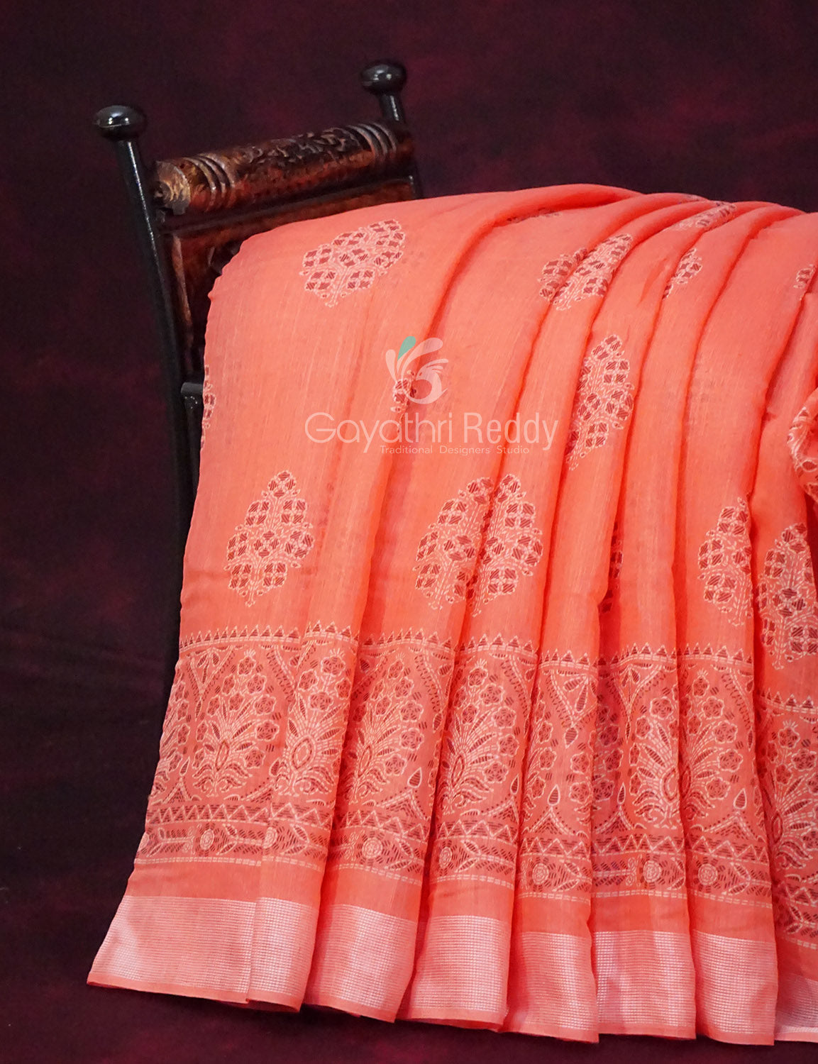 Peachish Orange Block Printed Semi Chanderi Saree By Gayathri Reddy Designer Studio - Distacart