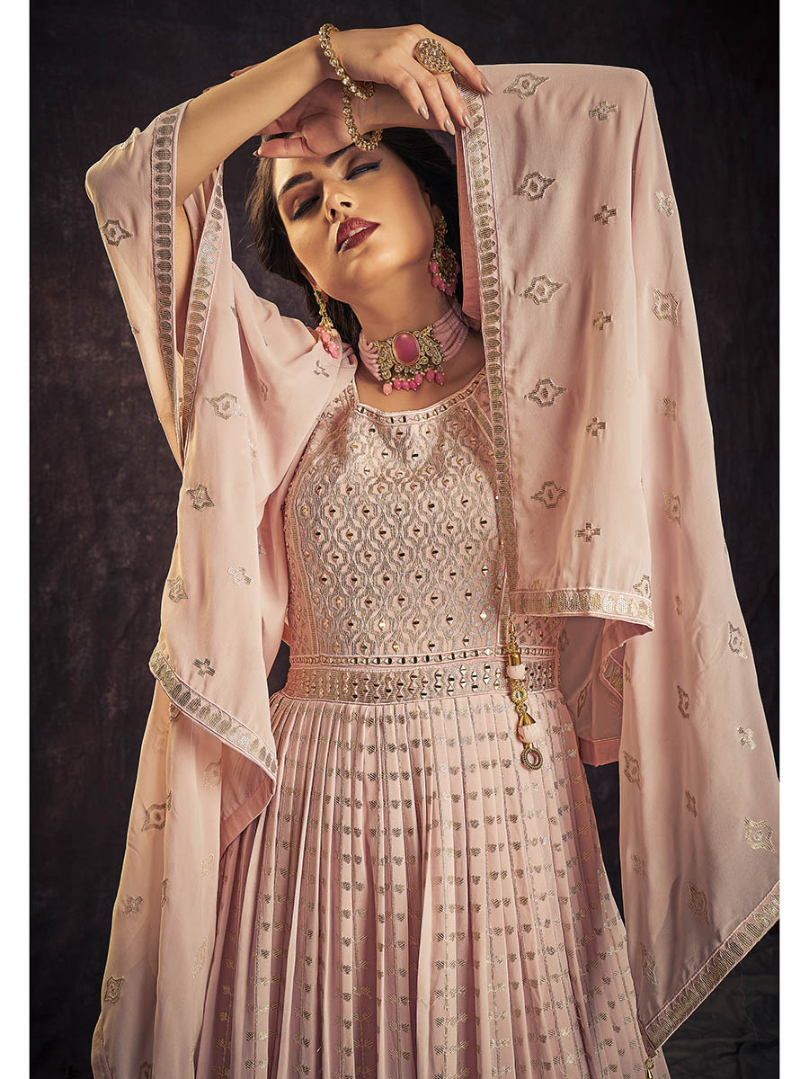 Myra Baby Pink Real Georgette Designer Gown Style Suit - Distacart