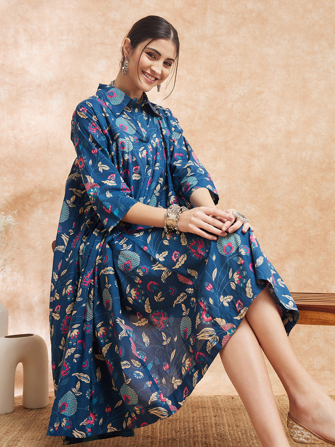 InWeave Women's Blue Pink Kalamkari Flared Dress - Distacart