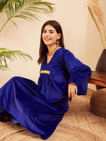 Thumbnail for InWeave Women's Royal Blue V Neck Asymmetrical Pleated Velvet Kurta Set - Distacart