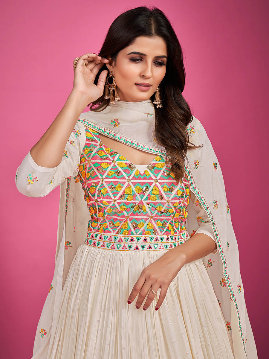 Myra White Chinon Silk Embroidered Gown - Distacart