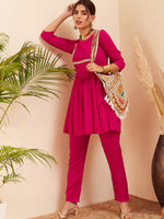 Thumbnail for InWeave Women's Fuchsia Round Neck Square Gota Work Kurta Pant Set - Distacart