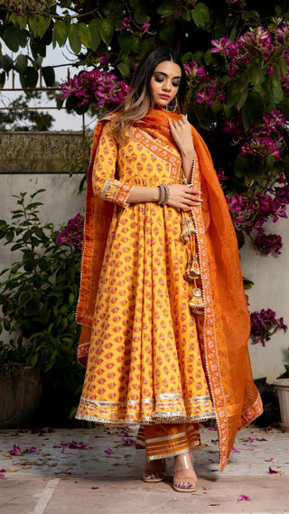 Pomcha Jaipur Mehar Light Brown Hand Block Anarkali Set - Distacart