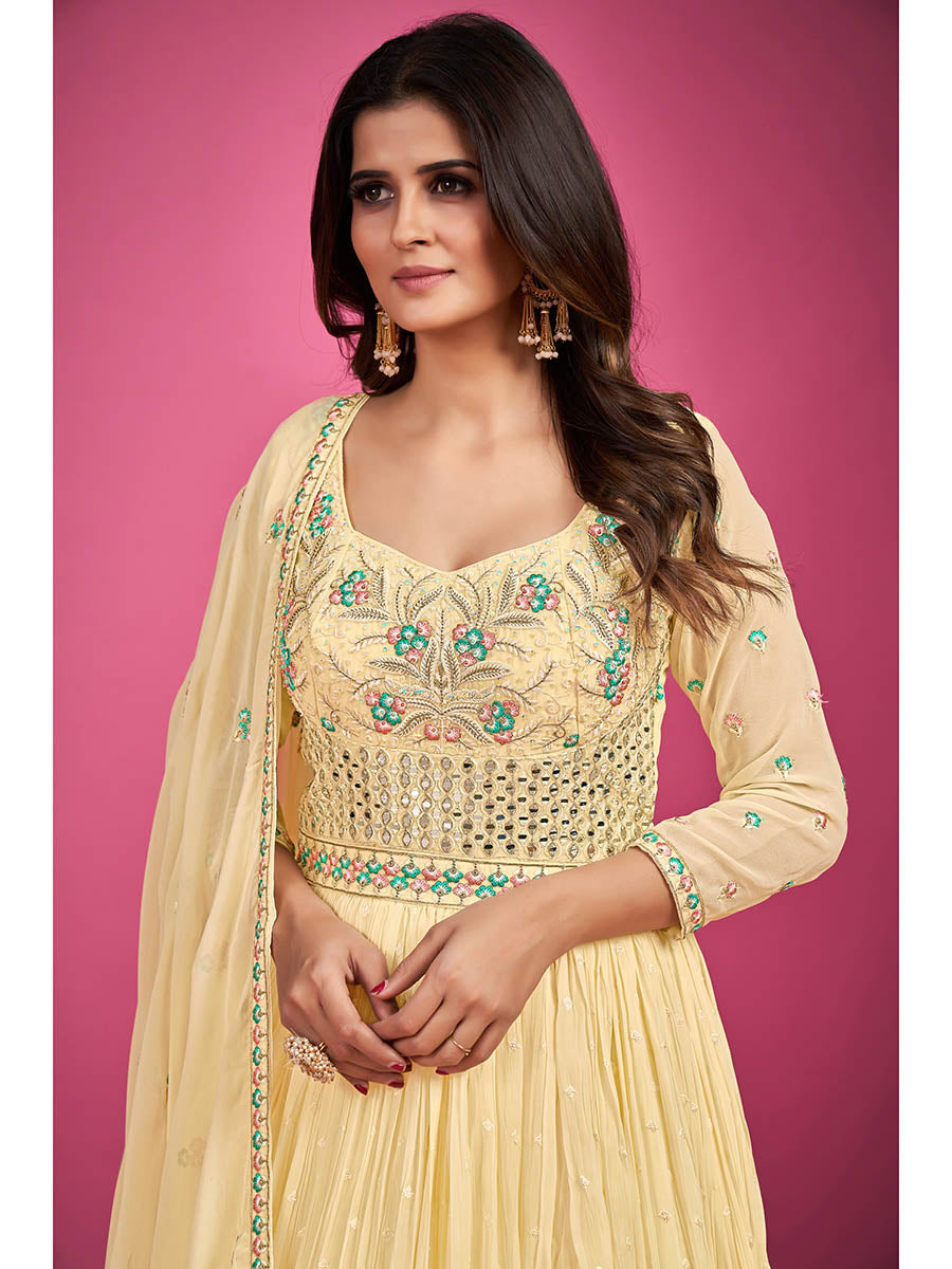 Myra Yellow Pure Georgette Embroidered Gown - Distacart