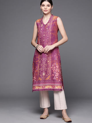 Biba Women Purple & Brown Pure Cotton Ethnic Motifs Printed V-Neck Sleeveless Kurta - Distacart
